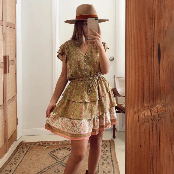 Green Floral Boho Retro Tiered Ruffle Mini Dress - Picture 4 of 12